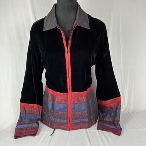 Vtg 90s Y2K Coldwater Creek Velvet Jacket Black Patchwork Trim M Whimsygoth Boho